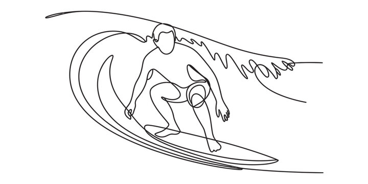 A single line drawing illustration of a person surfing on a large ocean wave in a minimal style. Vector, illustration