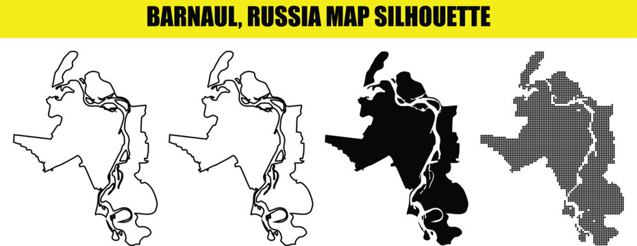 Barnaul russia map silhouette white outline solid black and dotted styles with rivers isolated on transparent.