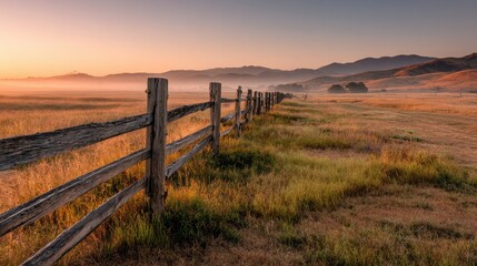 Obraz premium Serene morning light along a long ranch fence
