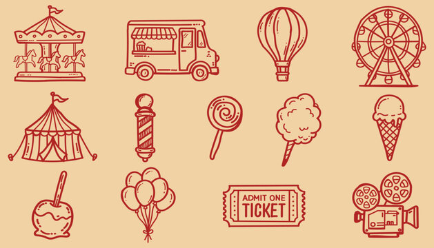 Carnival Fair Doodles Outline Sketch Vector Illustration