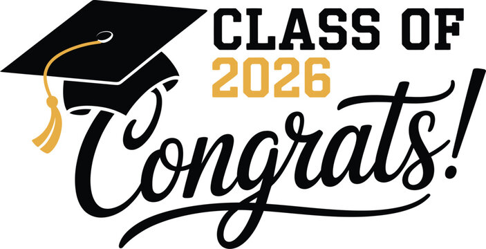 Graduation congratulations poster illustration, class of 2026 trendy design template with graduation cap lettering and hand drawn typography concept on white background.