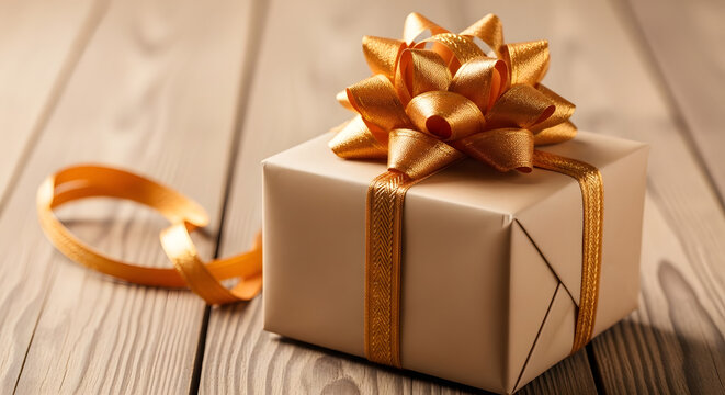 A beautifully wrapped gift box with a golden bow and ribbon, perfect for any special occasion or celebration