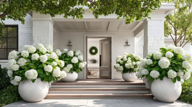 Front porch doorway framed by large white hydrangea planters