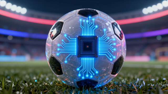 Futuristic Smart Soccer Ball with Glowing Blue Circuitry and IMU Sensor Technology in Neon Stadium