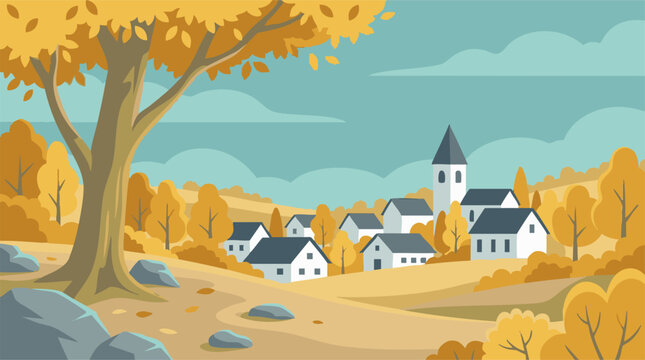 Autumn village landscape with golden trees, rolling hills, and houses