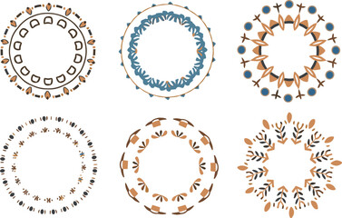 Obraz premium Set of colorful circular geometric frames with tribal sunburst borders and abstract round ornaments isolated on white background for modern design,