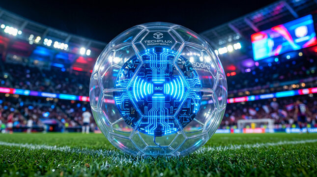 Futuristic Smart Soccer Ball with Glowing Blue Circuitry and IMU Sensor Technology in Neon Stadium