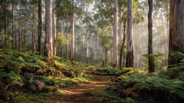 Winding dirt path in Boranup Karri Forest amid sunlit canopy