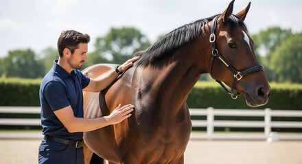 Obraz premium Caring Man Grooms and Bonds with his Majestic Brown Horse at a Sunny Equestrian Stable