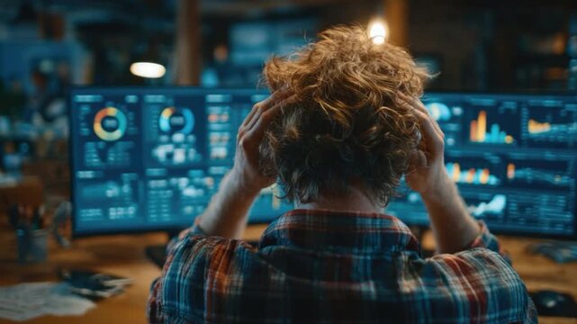 Stressful Data Analysis: An analyst, overwhelmed by complex data, buries his head in his hands, surrounded by multiple computer screens filled with intricate charts and graphs.