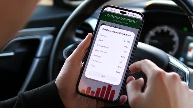 Track family spending on the go. Close-up of a user using a Household Expenses budget app in a car, viewing total costs and savings. Ideal for personal finance, cost-of-living, and fintech marketing