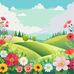 Fototapeta premium Lebendige Frühlingsszene mit Blumen und Wiesen auf sanften Hügeln