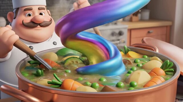 Animated chef preparing rainbow soup in kitchen pot cartoon style colorful vegetables carrots peas potatoes zucchini 3d render