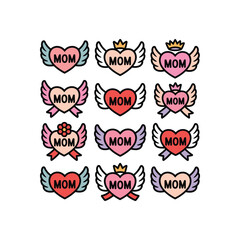 Fototapeta premium Mother's Day Tattoo Style Heart and Wings Sticker Set