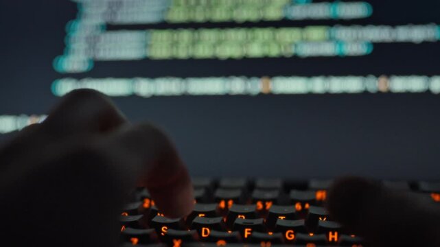 A skilled IT engineer rapidly types complex algorithms on the keyboard, enhancing the AI model on the computer screen, driving technological advancements in science and automation