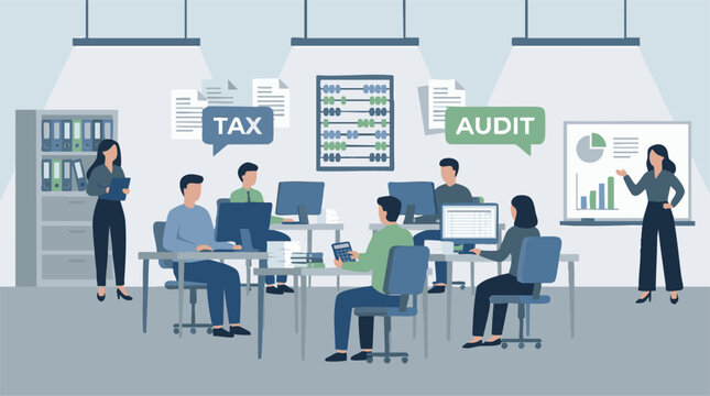 Financial professionals collaborating in an office, handling tax and audit services