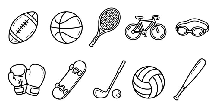 Sport equipment icon set including football basketball and bicycle hand drawn line art isolated