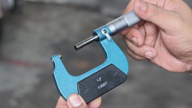Close up of technician hands holding a professional blue outside micrometer for high precision measurement in industrial engineering and mechanical workshop.