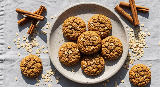Celebrating National Oatmeal Cookie Day with a close-up overhead view of rustic oatmeal cookies on a plate, surrounded by oats and cinnamon sticks, natural lighting