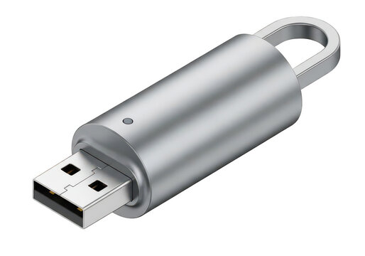 A sleek silver metallic flash drive with a circular loop for attachment to a key chain or lanyard