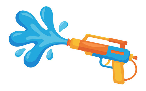 Colorful cartoon water gun shooting blue water splash for Songkran festival celebration isolated vector illustration