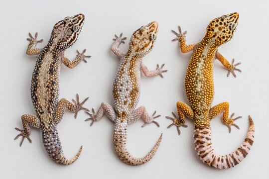 Studio photograph of fat-tailed geckos and a leopard gecko on a white background