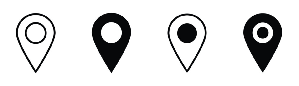 Location pin icon set. Map marker and navigation symbols. GPS point and destination sign. Geolocation and tracking concept.