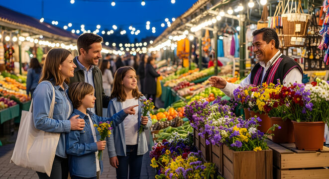 A family of four enjoying a vibrant outdoor market filled with colorful flowers and lively atmosphere