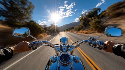 Naklejka premium Open Road Motorcycle Adventure: A first-person perspective captures the thrill of a motorcycle ride, the open road stretches ahead under a radiant sky.