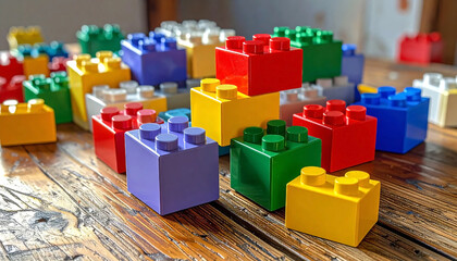 Obraz premium Brightly colored lego bricks arranged in a fun pattern for children to play and create with their imagination on a table.