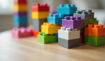 Obraz premium Brightly colored lego bricks arranged in a fun pattern for children to play and create with their imagination on a table.