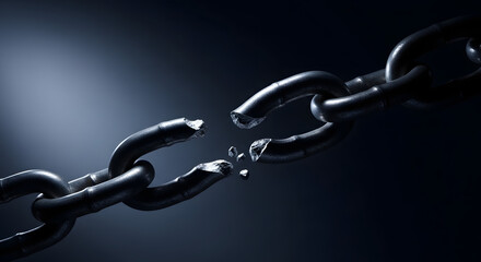 Fototapeta premium A broken chain with two links separated and cracked apart on a dark background with a spotlight