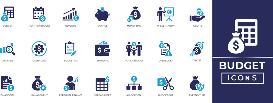 Budget solid icon set. Containing cash flow, planning, presentation, revenue, savings, spending, income, allocation, and cost estimate icons collection.
