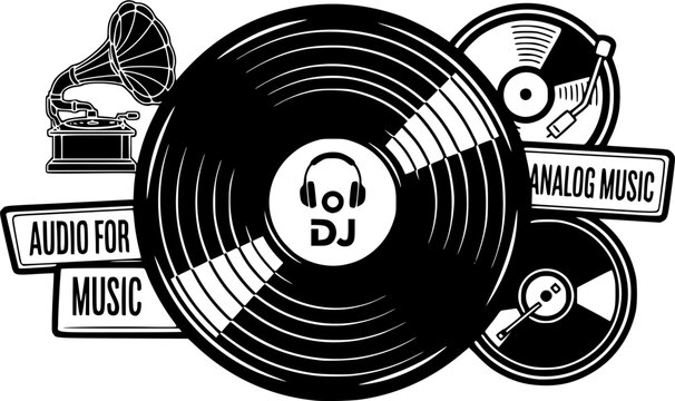 Cartoon vinyl or lp icon symbol. dj symbol. retro vinyl record album. Old music plate doodle. Phonograph, audio disk for turntable. Music player, analog music recording. Gramophone label and badge