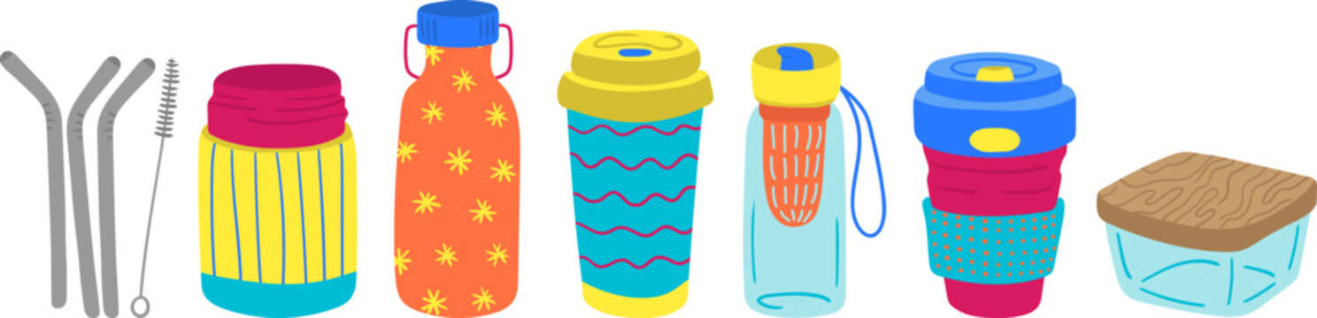 hand drawn eco friendly zero waste set with reusable coffee cups water bottles metal straws and lunch box vector illustration