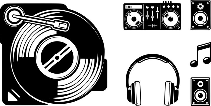 Cartoon vinyl or lp icon symbol. dj symbol. retro vinyl record album. Old music plate doodle. Phonograph, audio disk for turntable. Music player, analog music recording. Gramophone label and badge