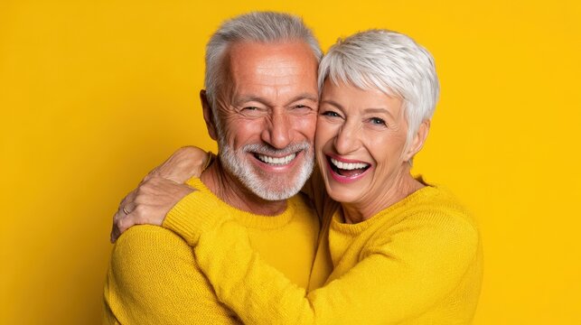 Elderly couple embracing and laughing on yellow background