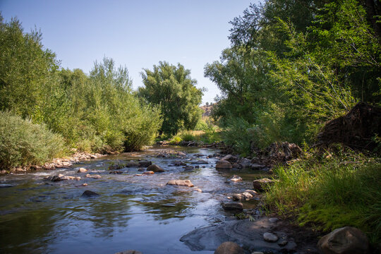 Smooth surface on the Big Thompson River of Colorado.  Blue sky and green trees line the river. Trees in Colorado springtime with lush green foliage.  Glassy surface of long exposure.
