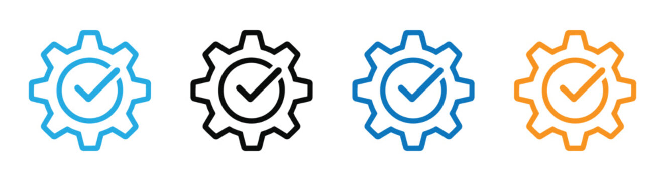 Gear icon with checkmark in four colors for settings or configuration vector illustration