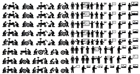 Fototapeta premium Mars Rover Maintenance Silhouettes Set Pack. Editable Vector Stroke Illustration. featuring vector, illustration, graphic, design, icon, set, collection, pictogram, symbol, silhouette, engineer more
