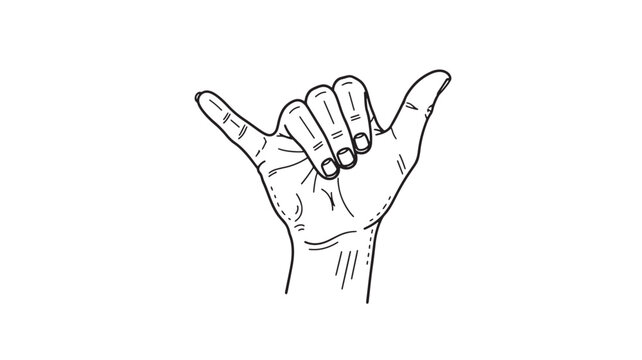 Hand gesture shaka with thumb and pinky finger extended, drawn in a simple black outline on a white background.