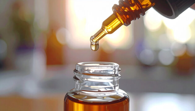 Close up of a dropper dispensing liquid into a small glass bottle