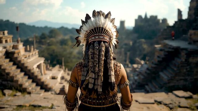 Man Wearing Traditional Feathered Headdress Standing On Ancient Stone Ruins Overlooking Distant Landscape