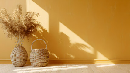 Obraz premium Minimalist Sunny Interior with Wicker Basket, Vase with Dried Pampas Grass and Warm Sunlight Shadows on Yellow Wall Background