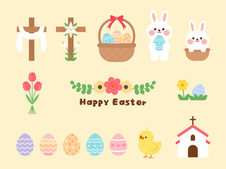 토끼, 병아리, 장식된 달걀, 십자가, 봄꽃이 포함된 귀여운 부활절 벡터일러스트 © rumi