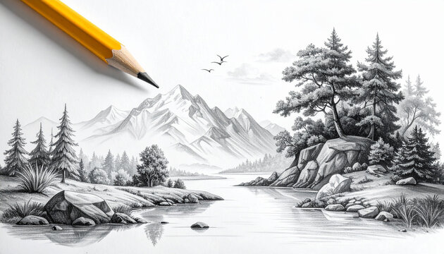 Pencil sketch of mountain landscape with trees and water element
