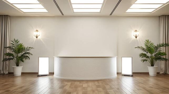 Minimalist White Reception Desk in Modern Lobby Interior with Plants and Blank Signs for Branding
