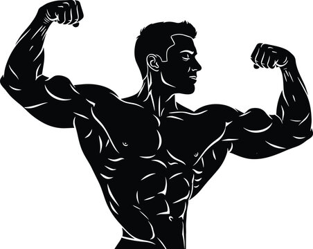Powerful Muscular Bodybuilder Silhouette Vector Illustration Featuring Strong Male Athlete Posing With Double Biceps For Gym Fitness And Workout Design.
