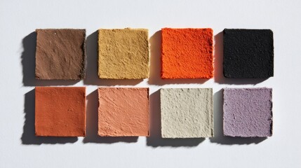 Fototapeta premium Color swatches sit on a white background, seen from above.