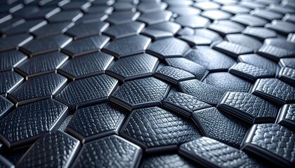 Fototapeta premium Extreme Macro of High-Tech Recycled Synthetic Fabric with 3D Hexagonal Weave, Metallic Sheen, and Deep Charcoal Copy Space
